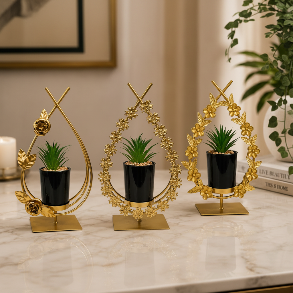 Cactus with Planter inside Metallic Floral Frame