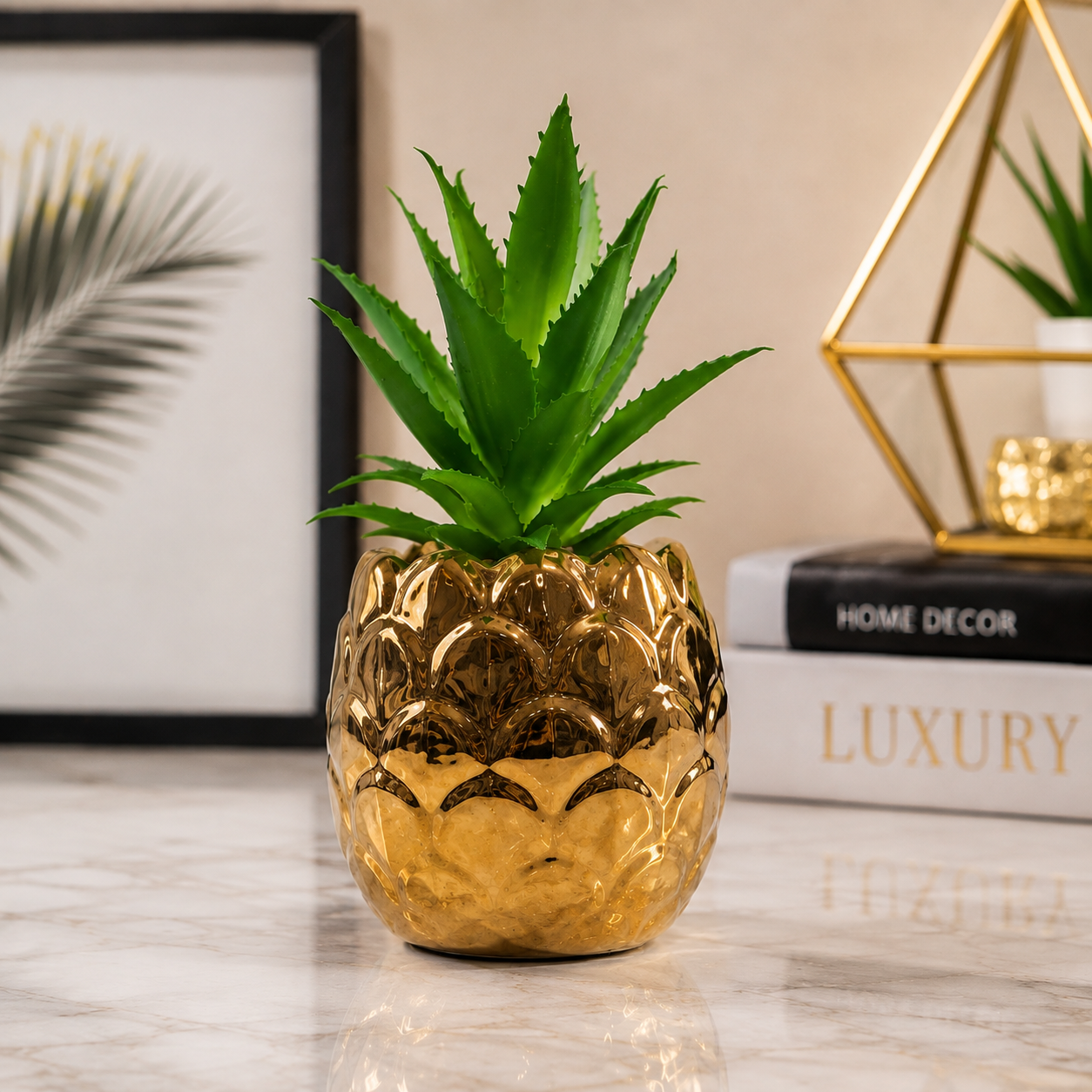 Golden Pineapple shaped Ceramic Pot with artificial Cactus Plant