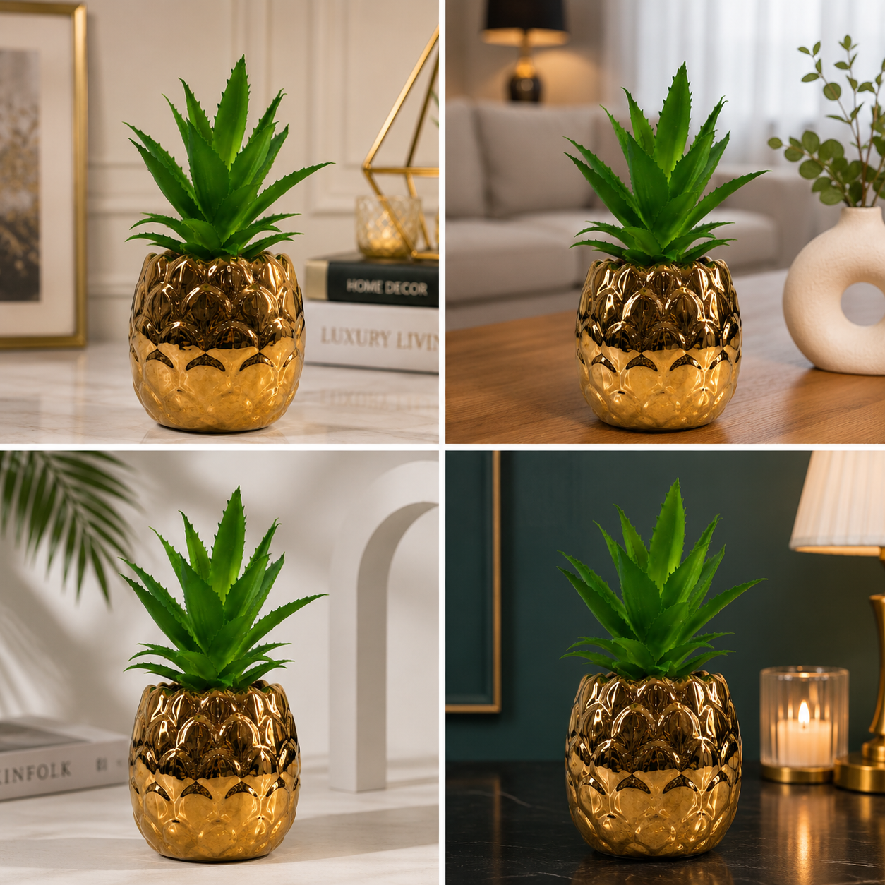 Golden Pineapple shaped Ceramic Pot with artificial Cactus Plant