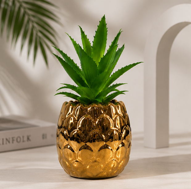 Golden Pineapple shaped Ceramic Pot with artificial Cactus Plant