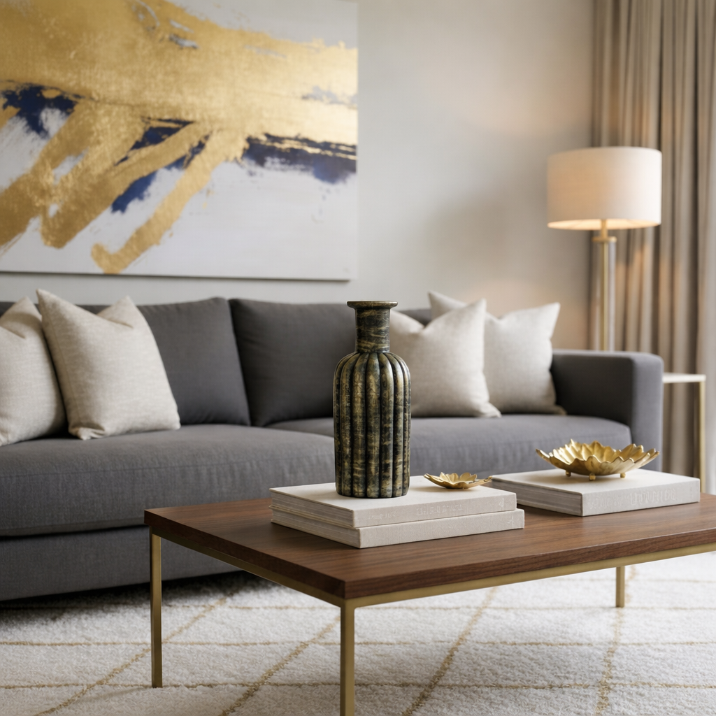 Antique Golden Resin Vase Bottle Shape - Vertical Lines (without Flowers)