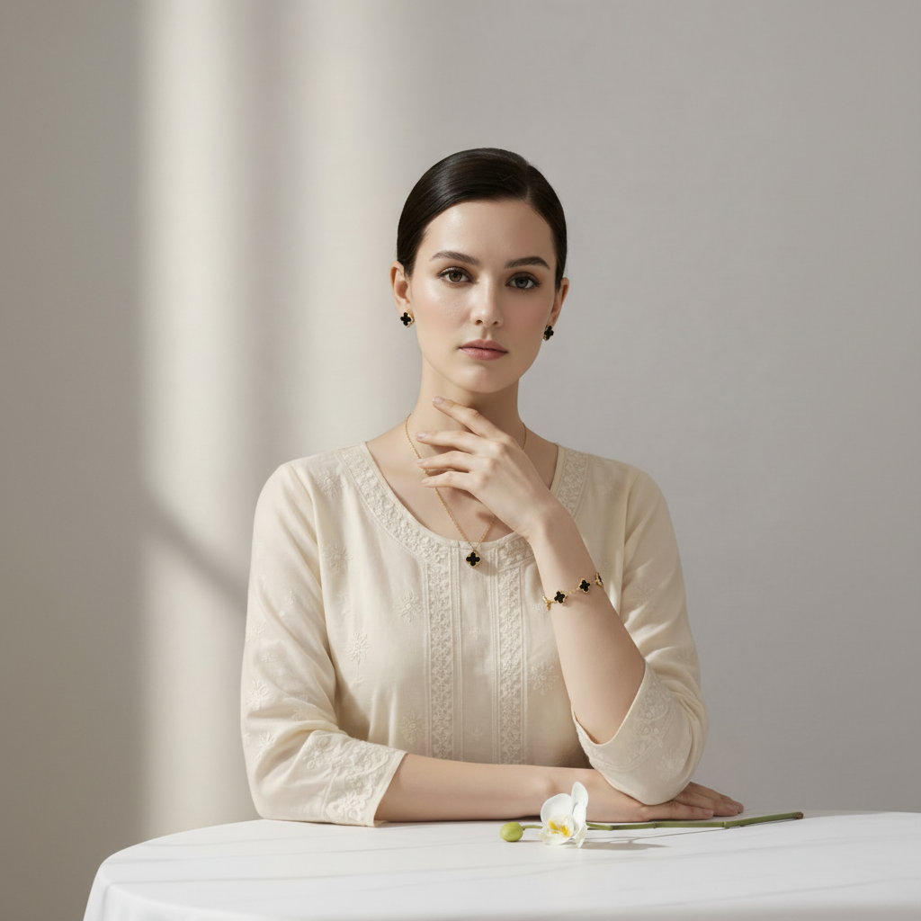 4-Pieces Set of Golden-Black 4 Leaves Clover Locket with Bracelets & Earrings in Gift Packing