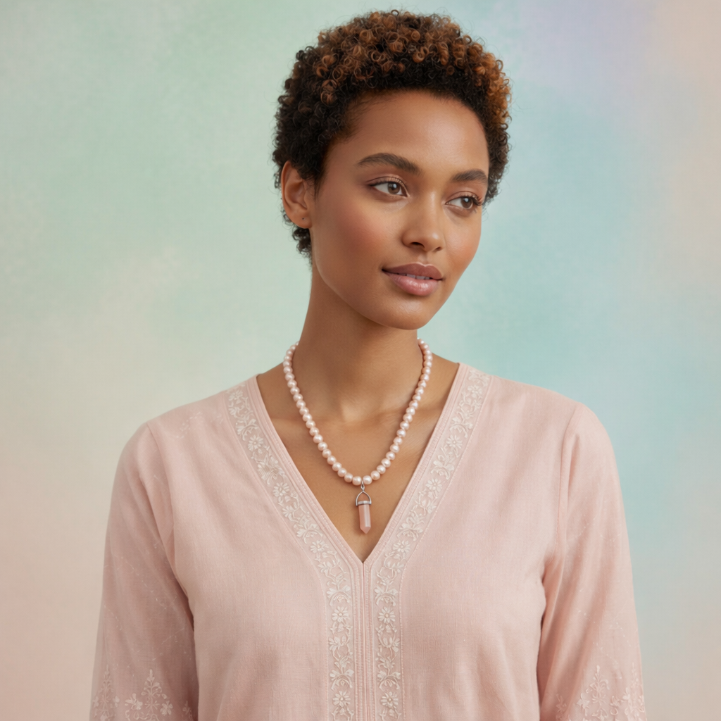 Peach Pearls Necklace with Hexagonal Column Marble Charm in Gift Packing