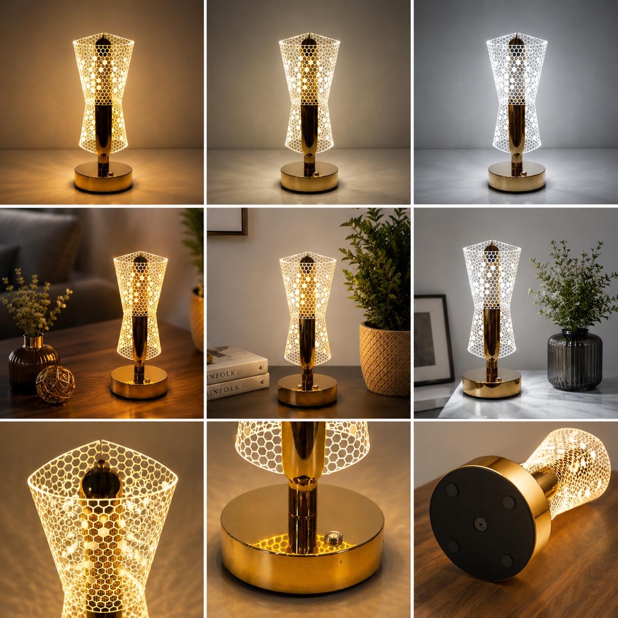 Golden LED Desk Lamp – 3 Light Colours, Portable, Rechargeable, Touch Sensor