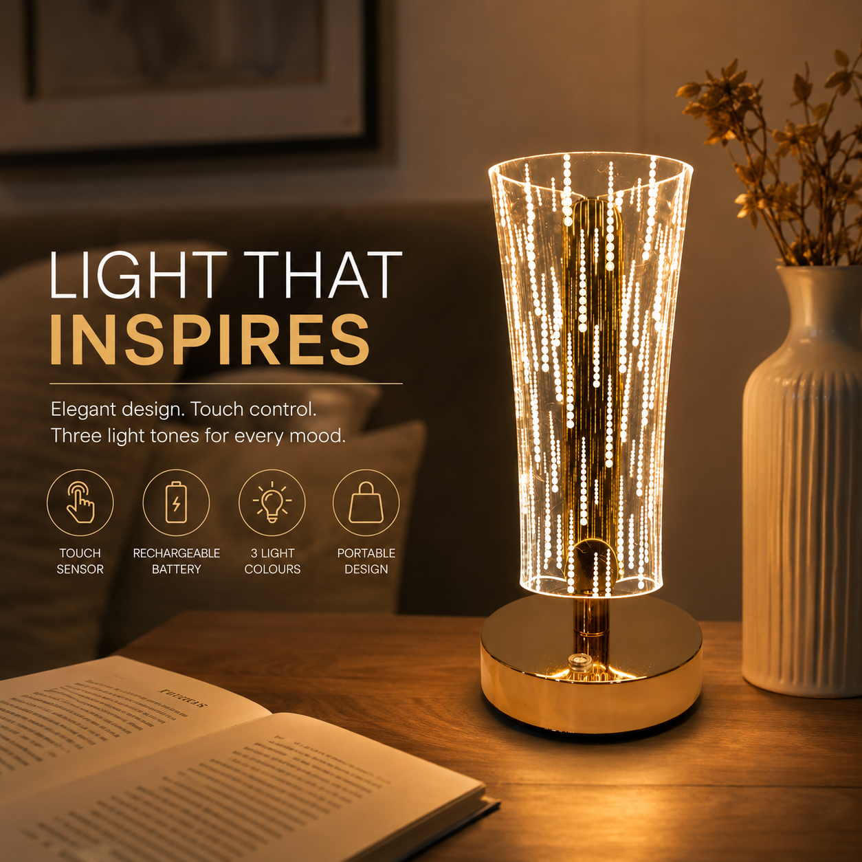 Golden LED Desk Lamp – 3 Light Colours, Portable, Rechargeable, Touch Sensor