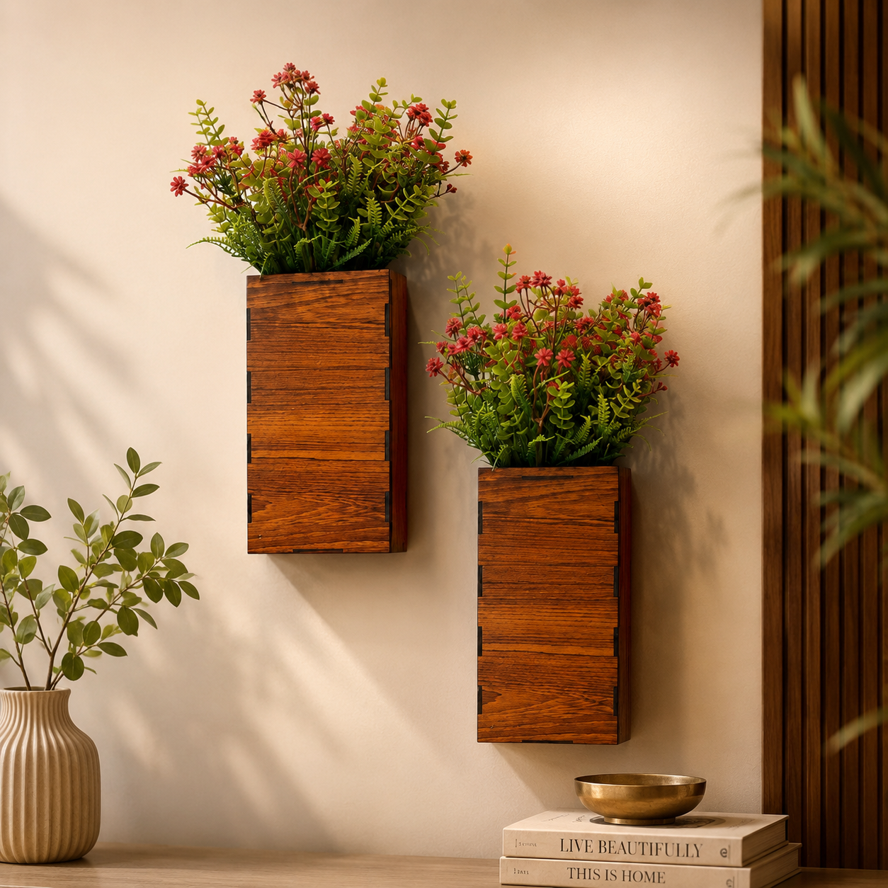 2 Pcs Set of Wooden wall Planters with artificial Plants