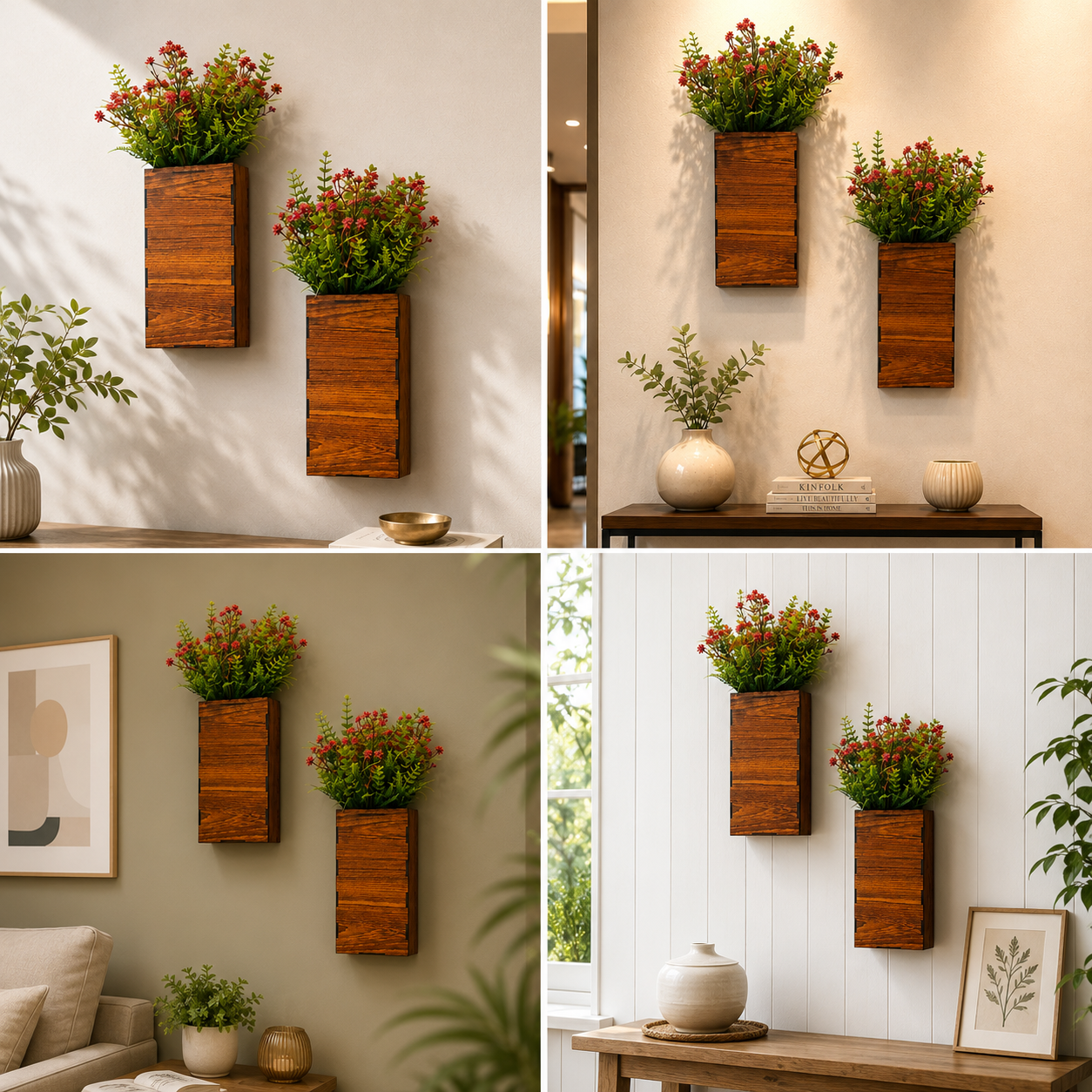 2 Pcs Set of Wooden wall Planters with artificial Plants