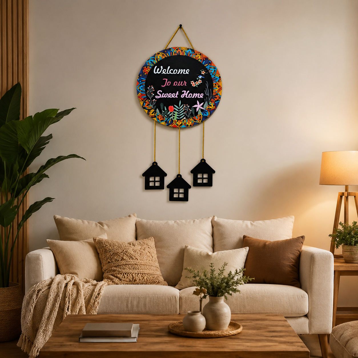 A circular mandala design Wall hanging with Slogan "Welcome to Our Sweet Home"