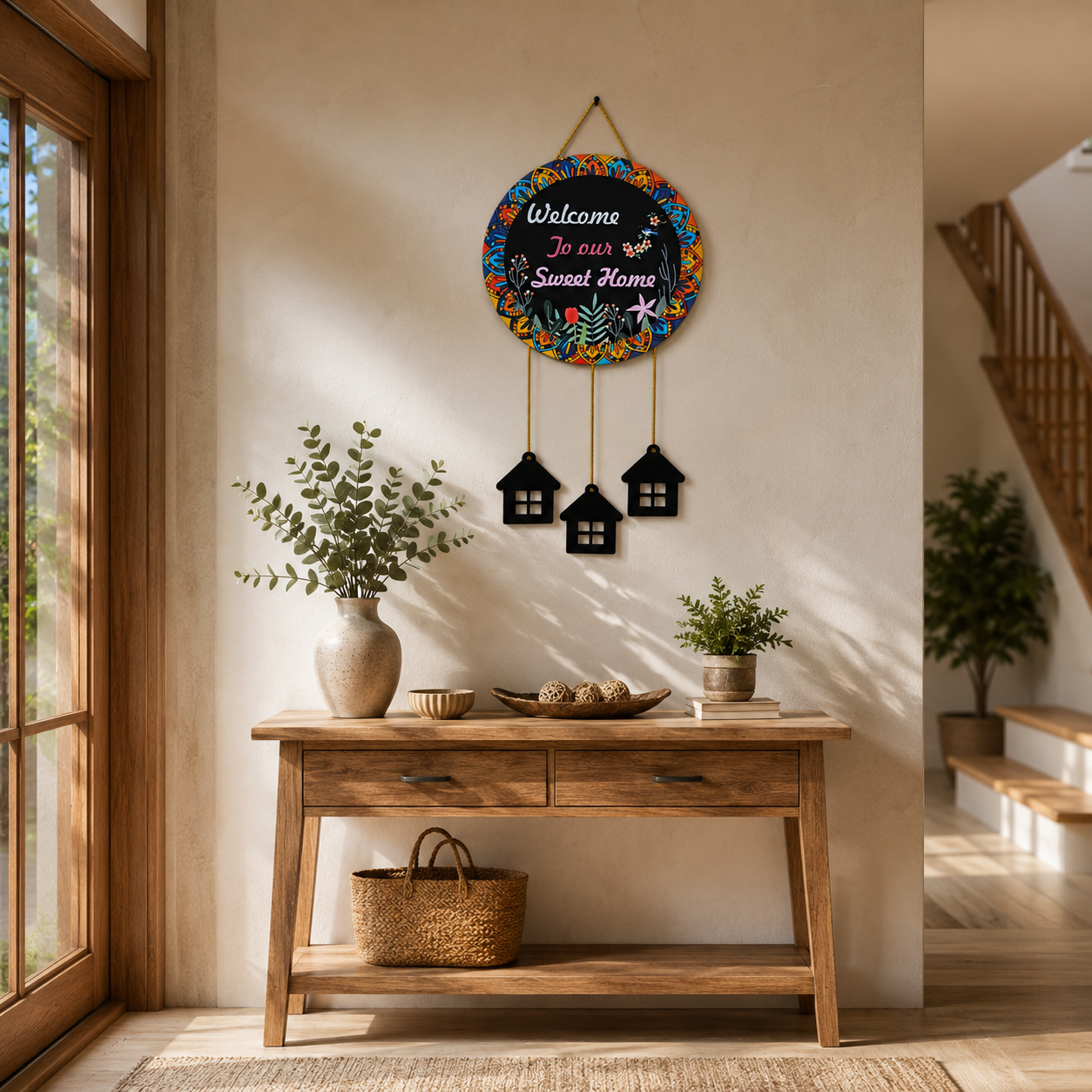 A circular mandala design Wall hanging with Slogan "Welcome to Our Sweet Home"