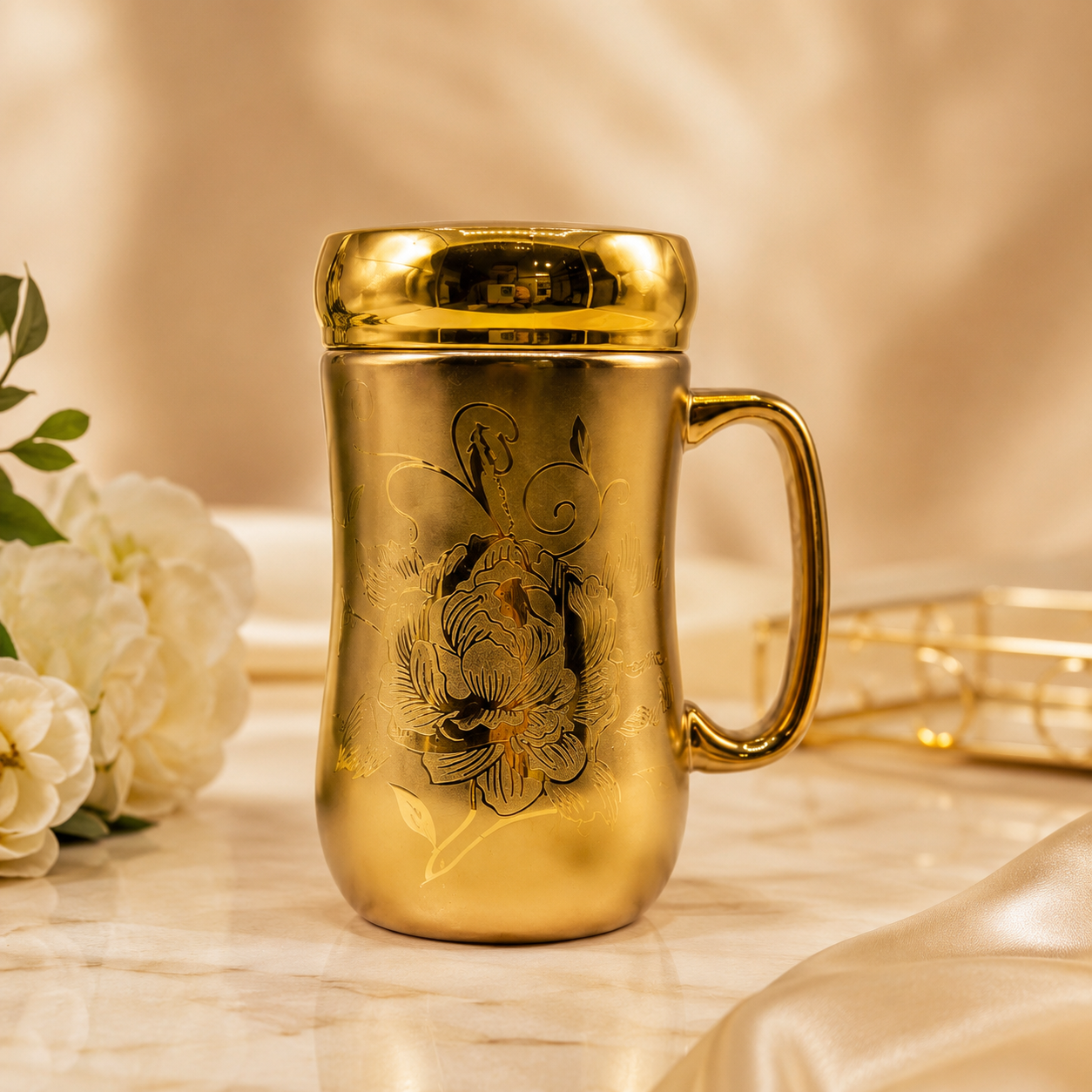 Fancy Airtight Golden Printed Ceramic Mug with Mirror Lid