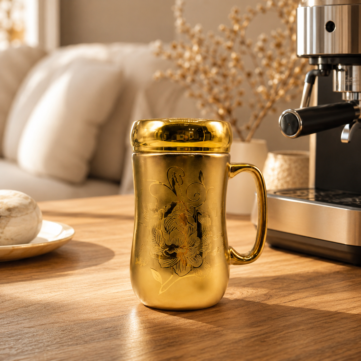 Fancy Airtight Golden Printed Ceramic Mug with Mirror Lid