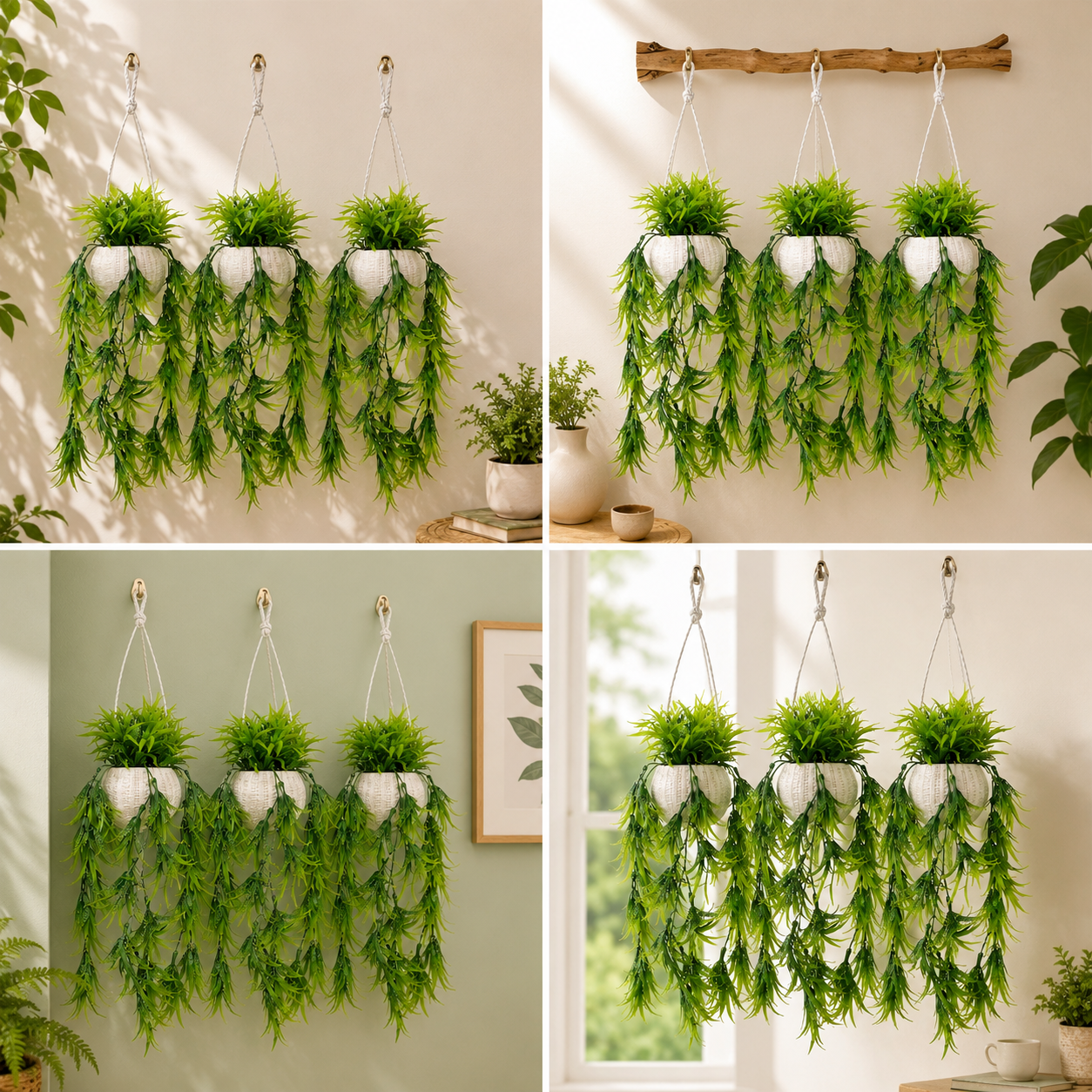 Set of 3 Artificial Green Vine Plant featuring long, cascading foliage arranged in a white, textured Plastic hanging pot