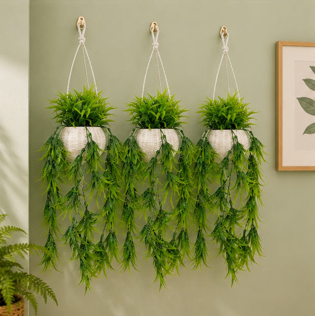 Set of 3 Artificial Green Vine Plant featuring long, cascading foliage arranged in a white, textured Plastic hanging pot