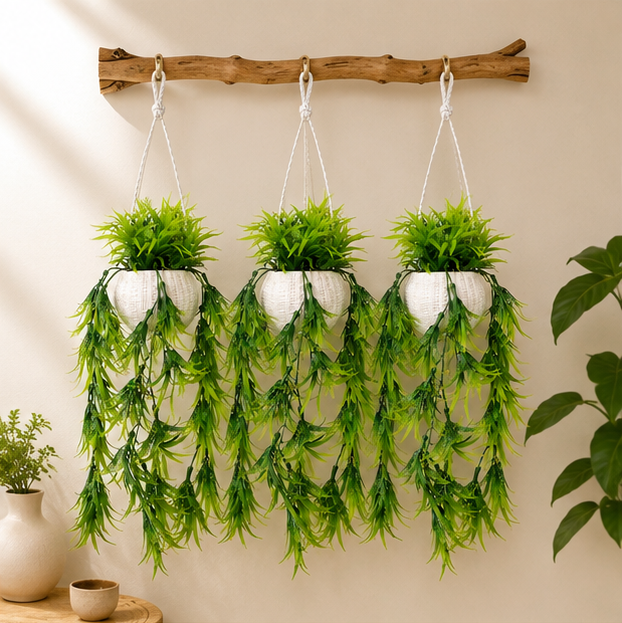 Set of 3 Artificial Green Vine Plant featuring long, cascading foliage arranged in a white, textured Plastic hanging pot