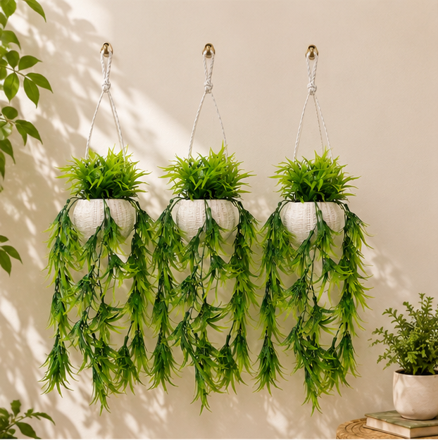 Set of 3 Artificial Green Vine Plant featuring long, cascading foliage arranged in a white, textured Plastic hanging pot