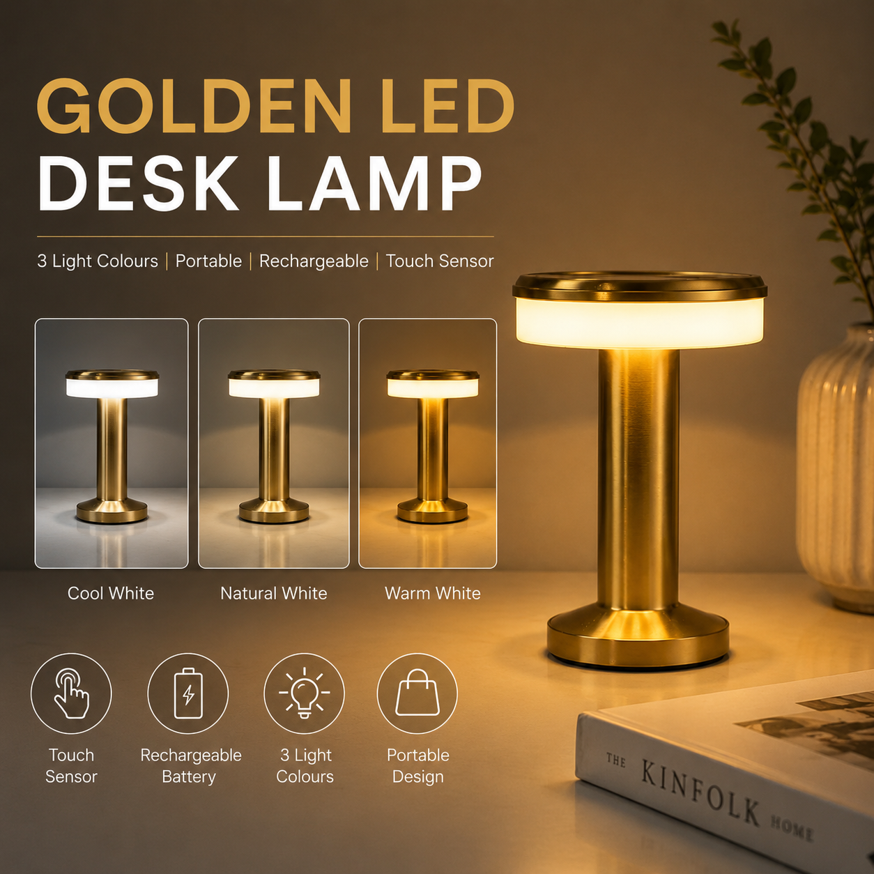 Golden LED Desk Lamp – 3 Light Colours, Portable, Rechargeable, Touch Sensor