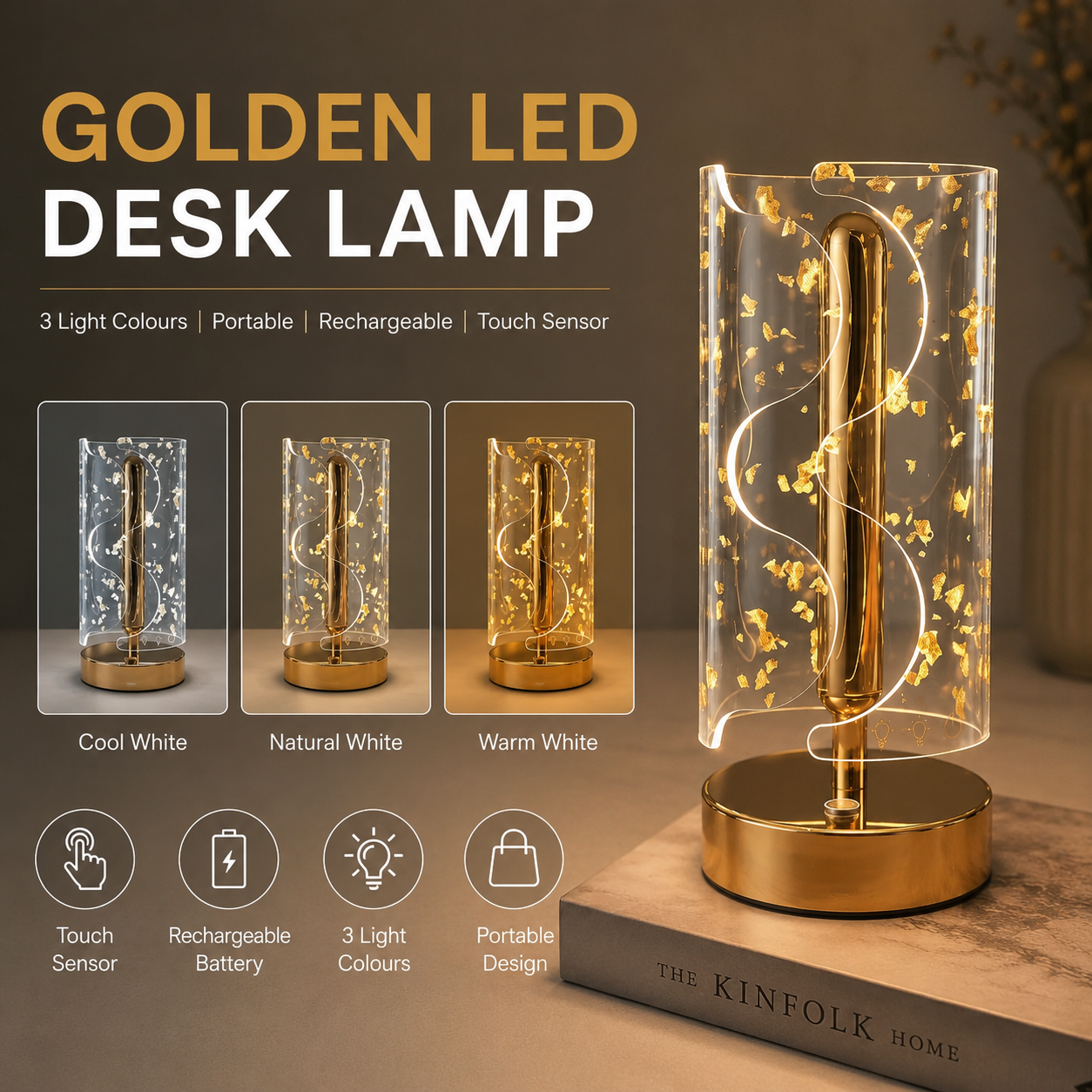 Golden LED Desk Lamp – 3 Light Colours, Portable, Rechargeable, Touch Sensor