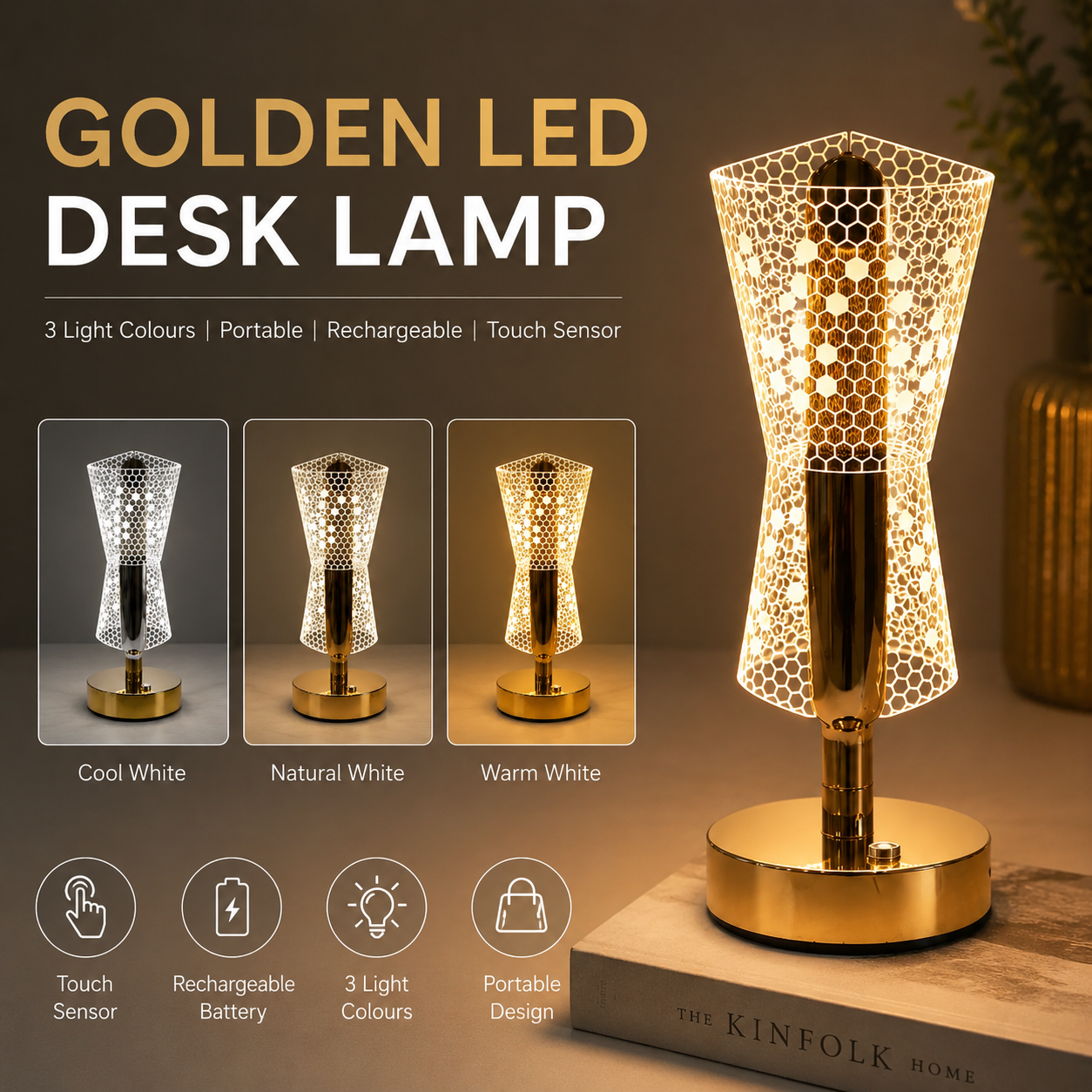Golden LED Desk Lamp – 3 Light Colours, Portable, Rechargeable, Touch Sensor
