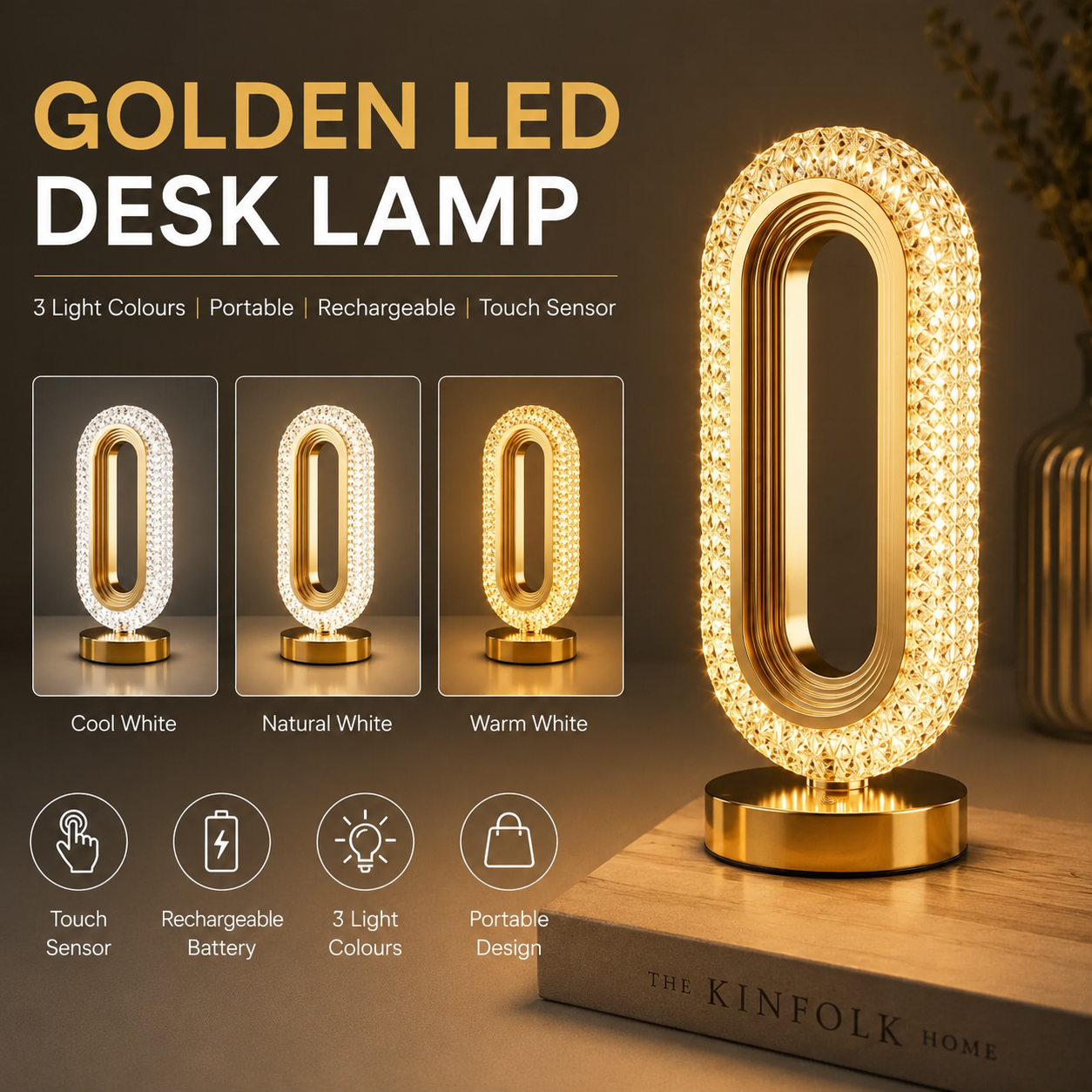 Golden LED Desk Lamp – 3 Light Colours, Portable, Rechargeable, Touch Sensor