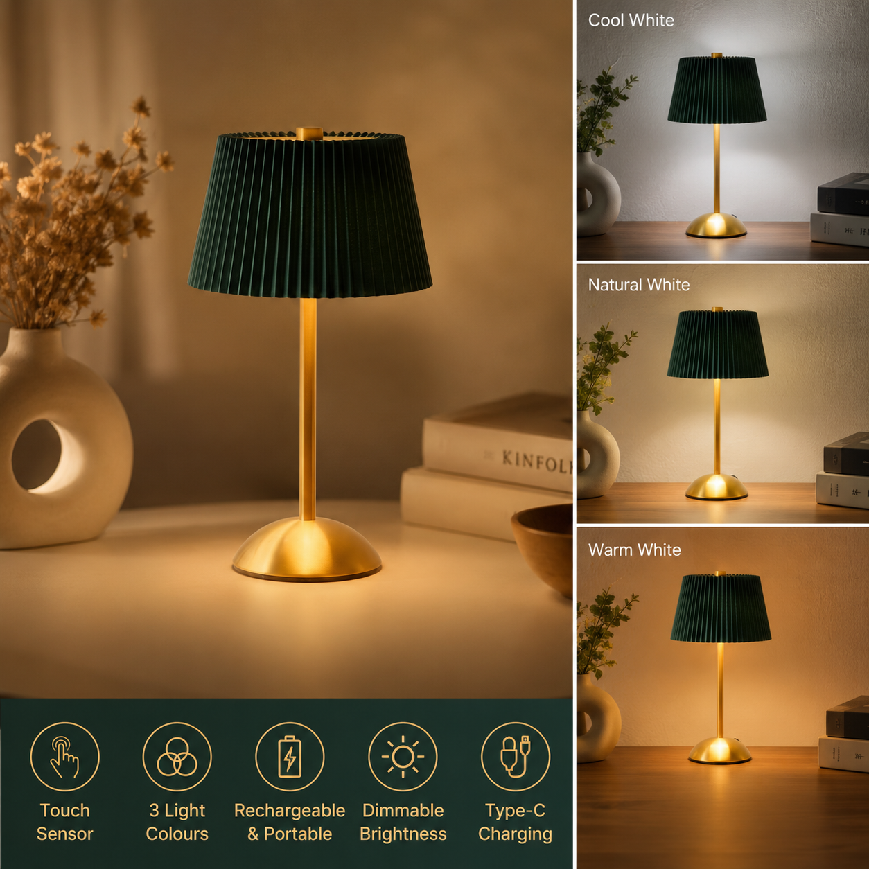Golden LED Lamp with Green Umbrella Shape Top – 3 Light Colours, Portable, Rechargeable, Touch Sensor