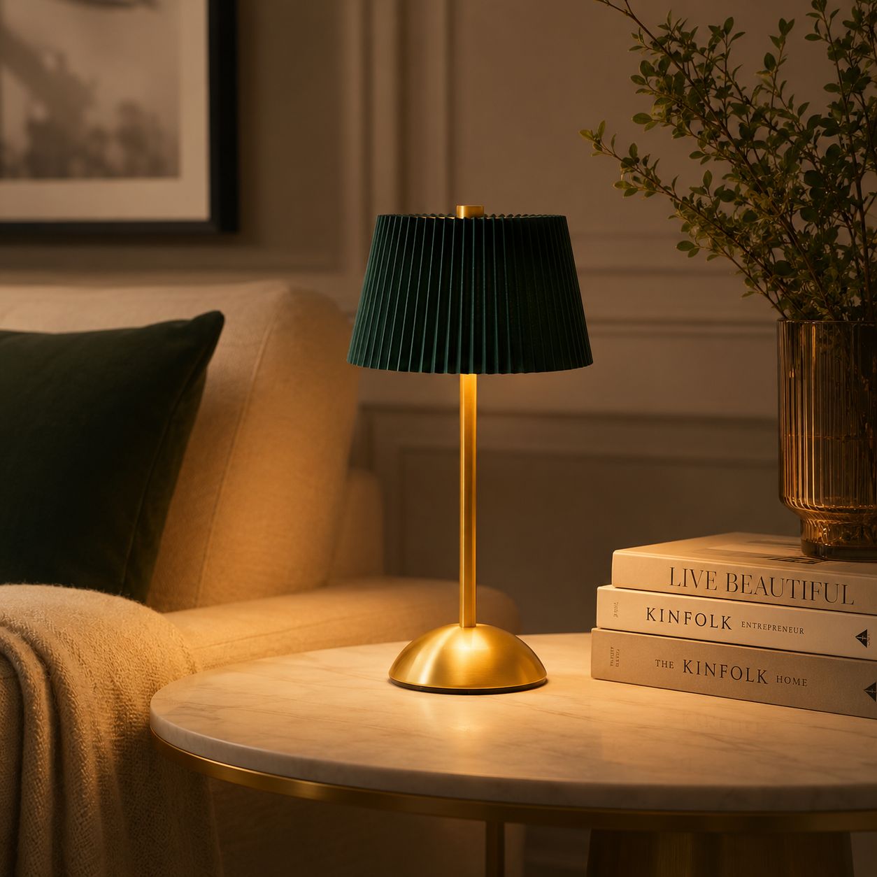 Golden LED Lamp with Green Umbrella Shape Top – 3 Light Colours, Portable, Rechargeable, Touch Sensor
