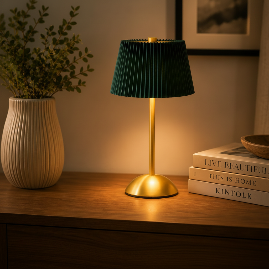 Golden LED Lamp with Green Umbrella Shape Top – 3 Light Colours, Portable, Rechargeable, Touch Sensor