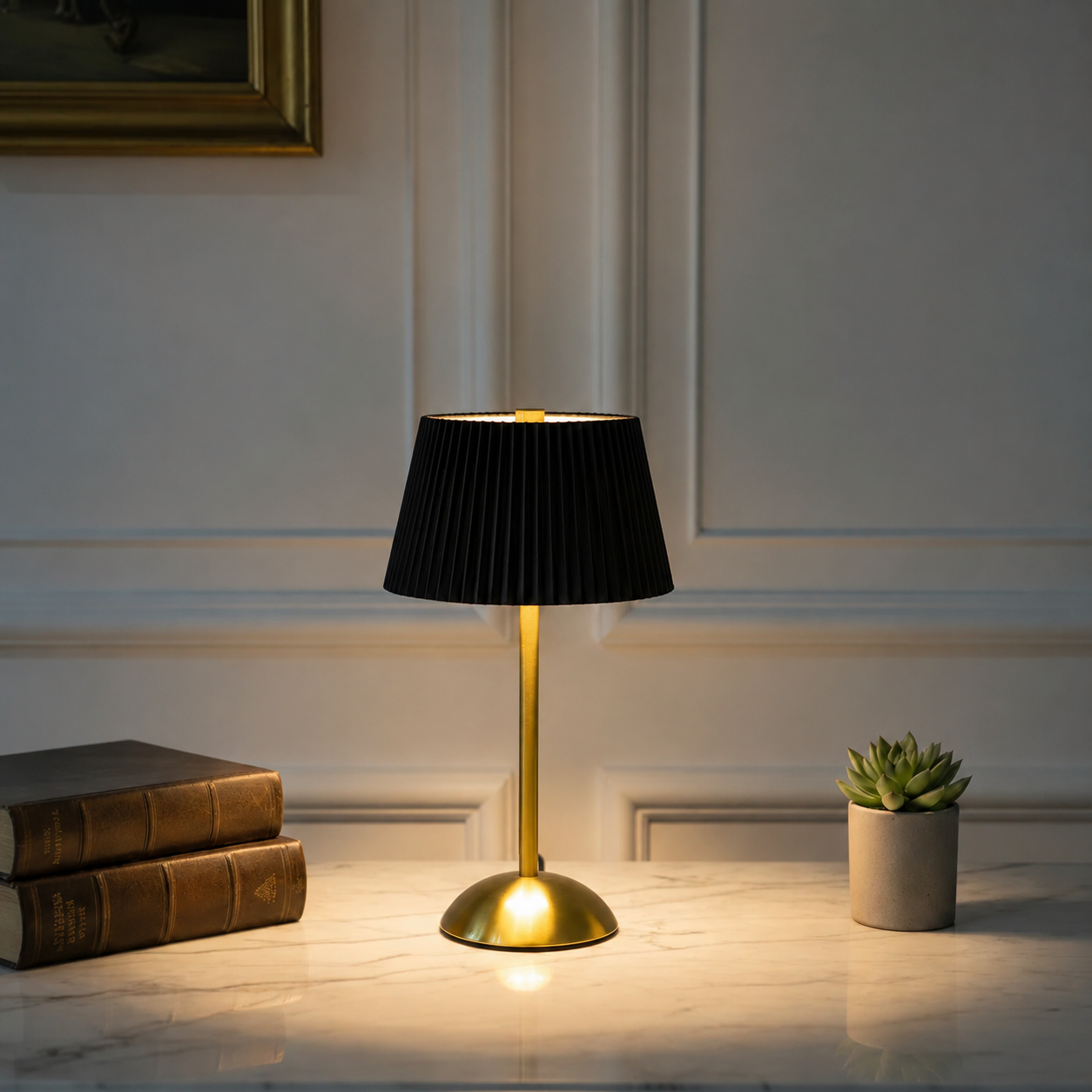 Golden LED Lamp with Green and Black Umbrella Shape Top – 3 Light Colours, Portable, Rechargeable, Touch Sensor