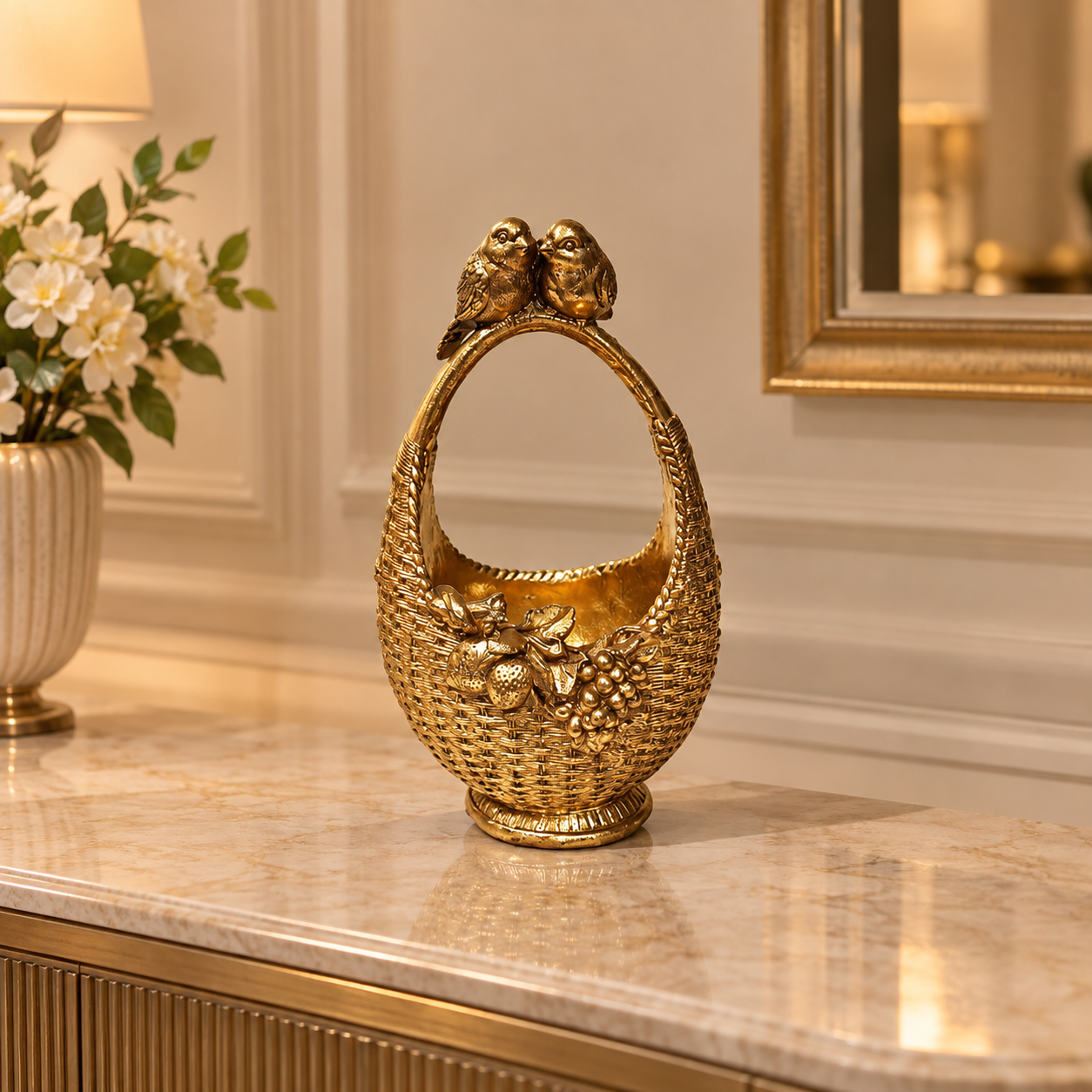 Flowers & Fruits Embossed Golden Resin Basket with Pair of Love Birds at Top handle