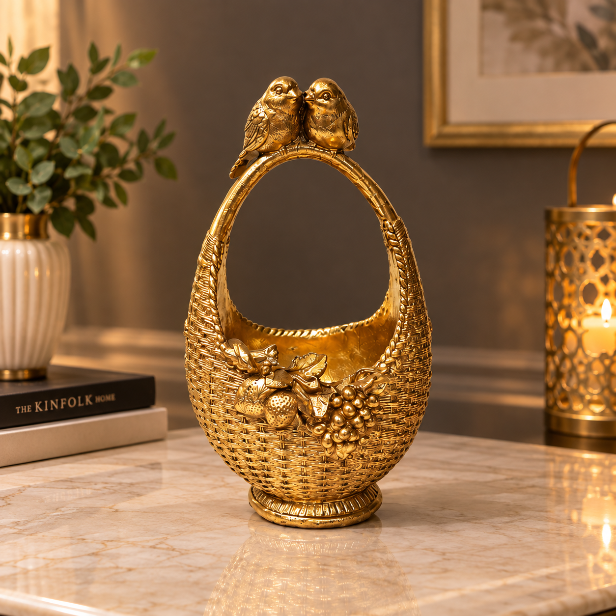 Flowers & Fruits Embossed Golden Resin Basket with Pair of Love Birds at Top handle