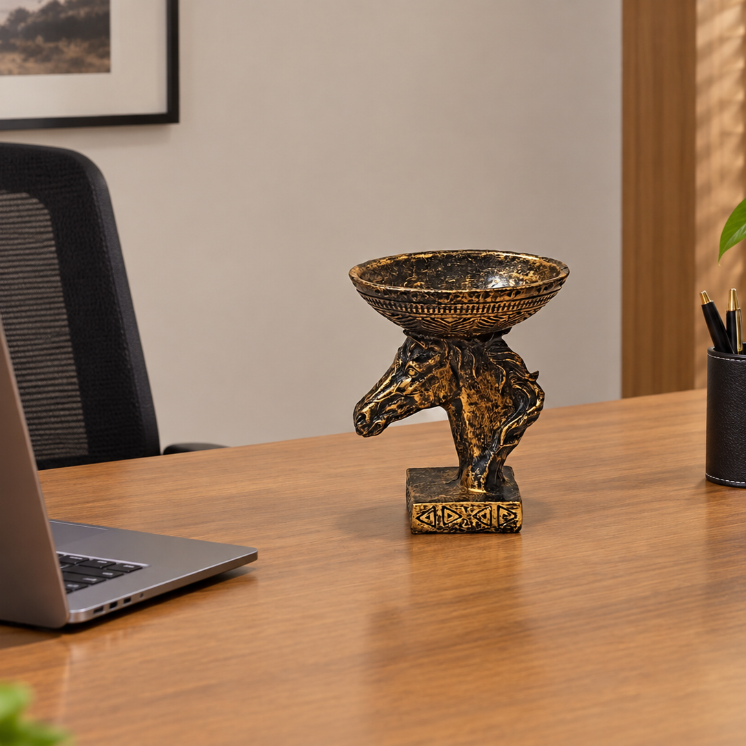 Antique Golden-Black Resing Statue of Horse Face with a trinket dish on top