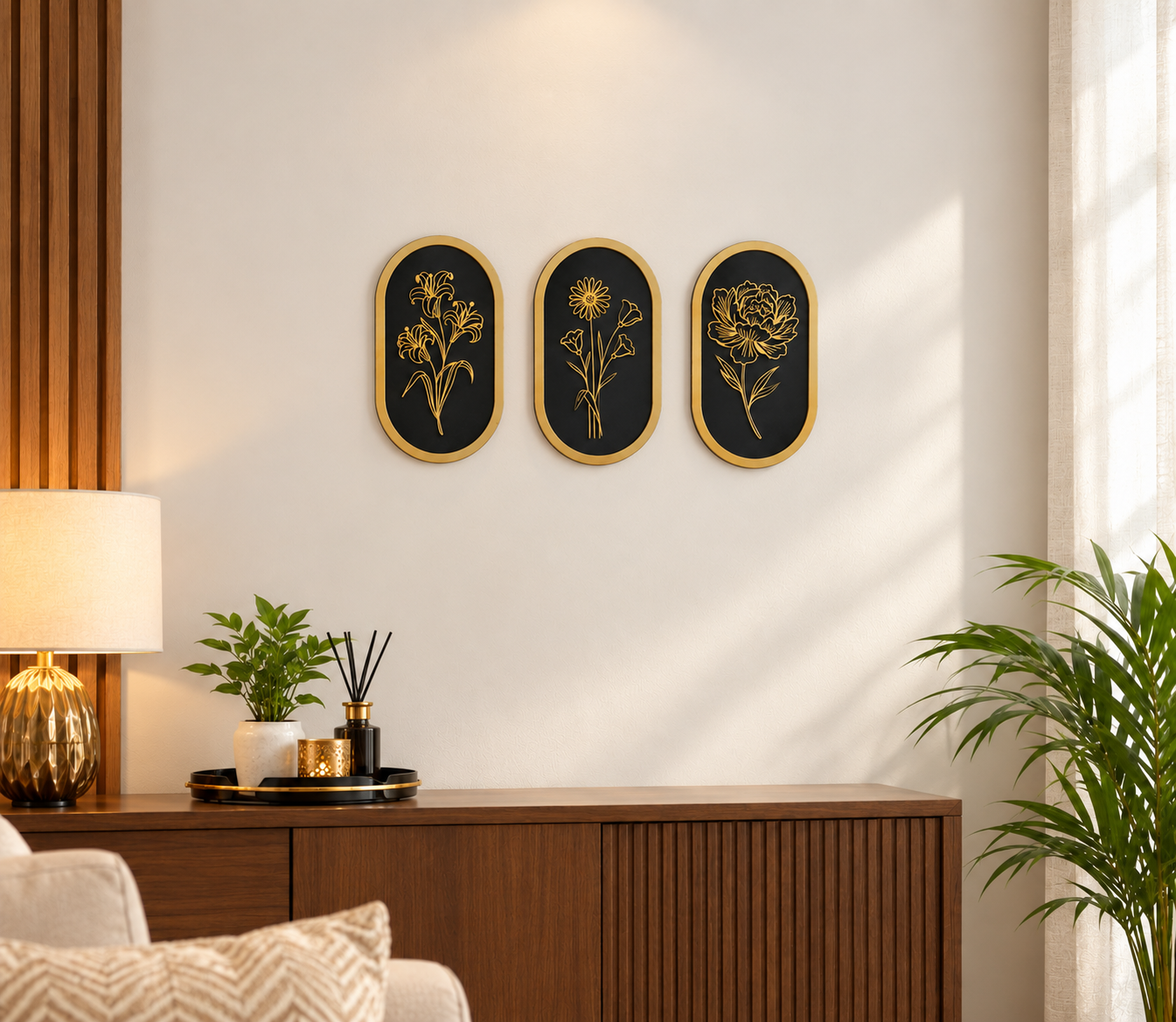 Set of 3 Oval Shaped Wooden Decorative Floral Wall Hanging