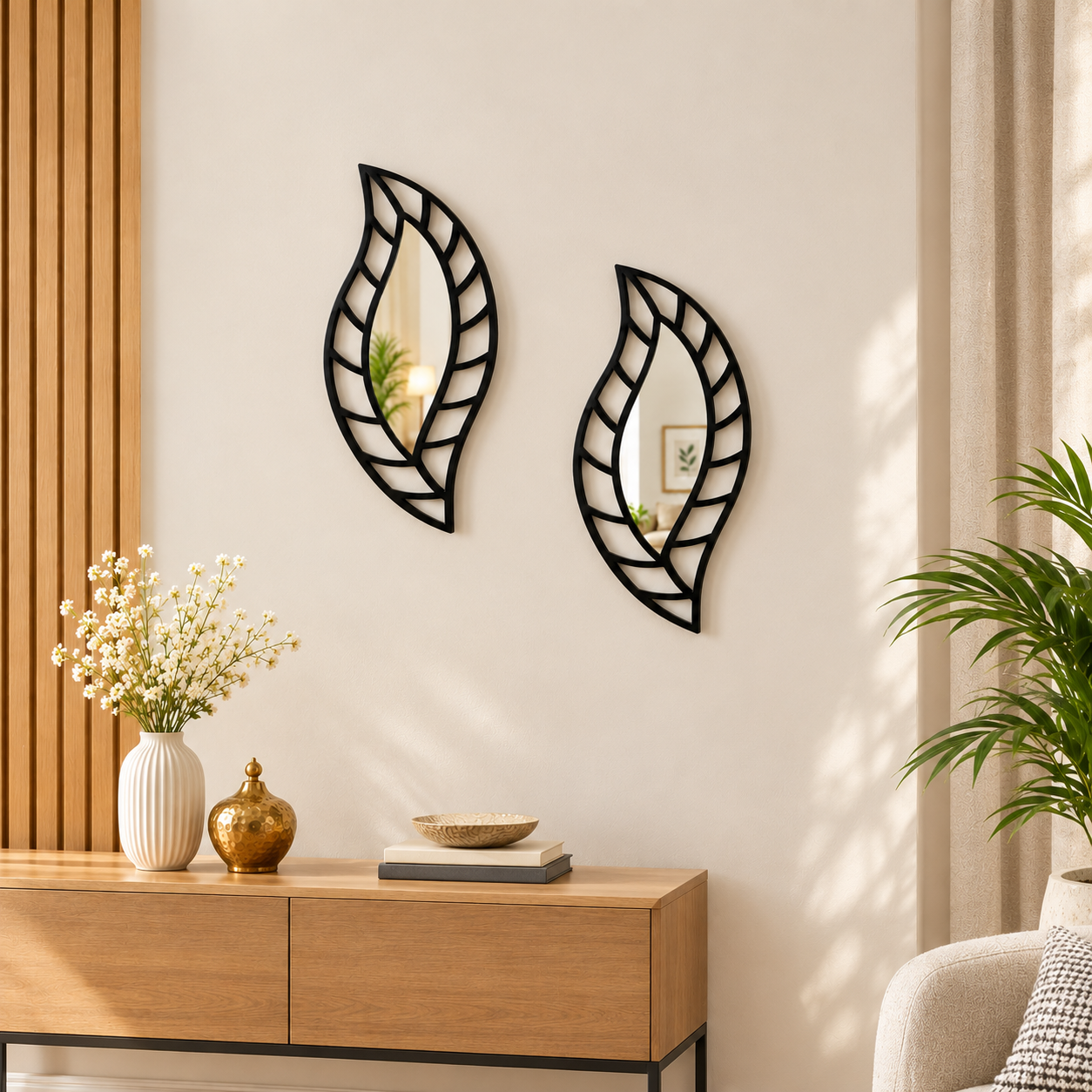 2-Pcs Set of Black Wooden Leaf-Shaped Wall Sticking Mirrors