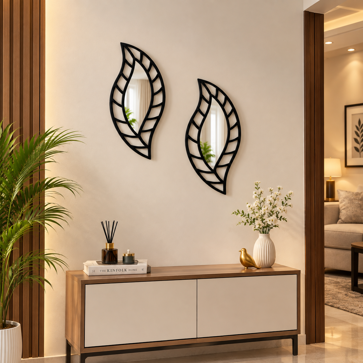 2-Pcs Set of Black Wooden Leaf-Shaped Wall Sticking Mirrors