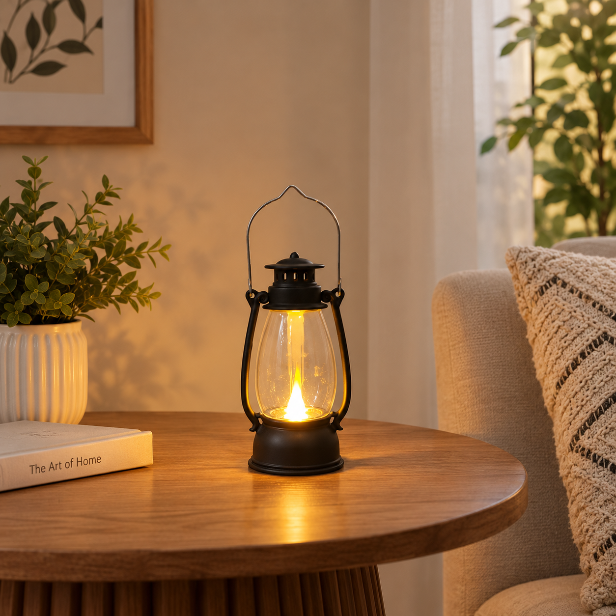 Black Plastic Mini Lantern with LED Light for Table Decor