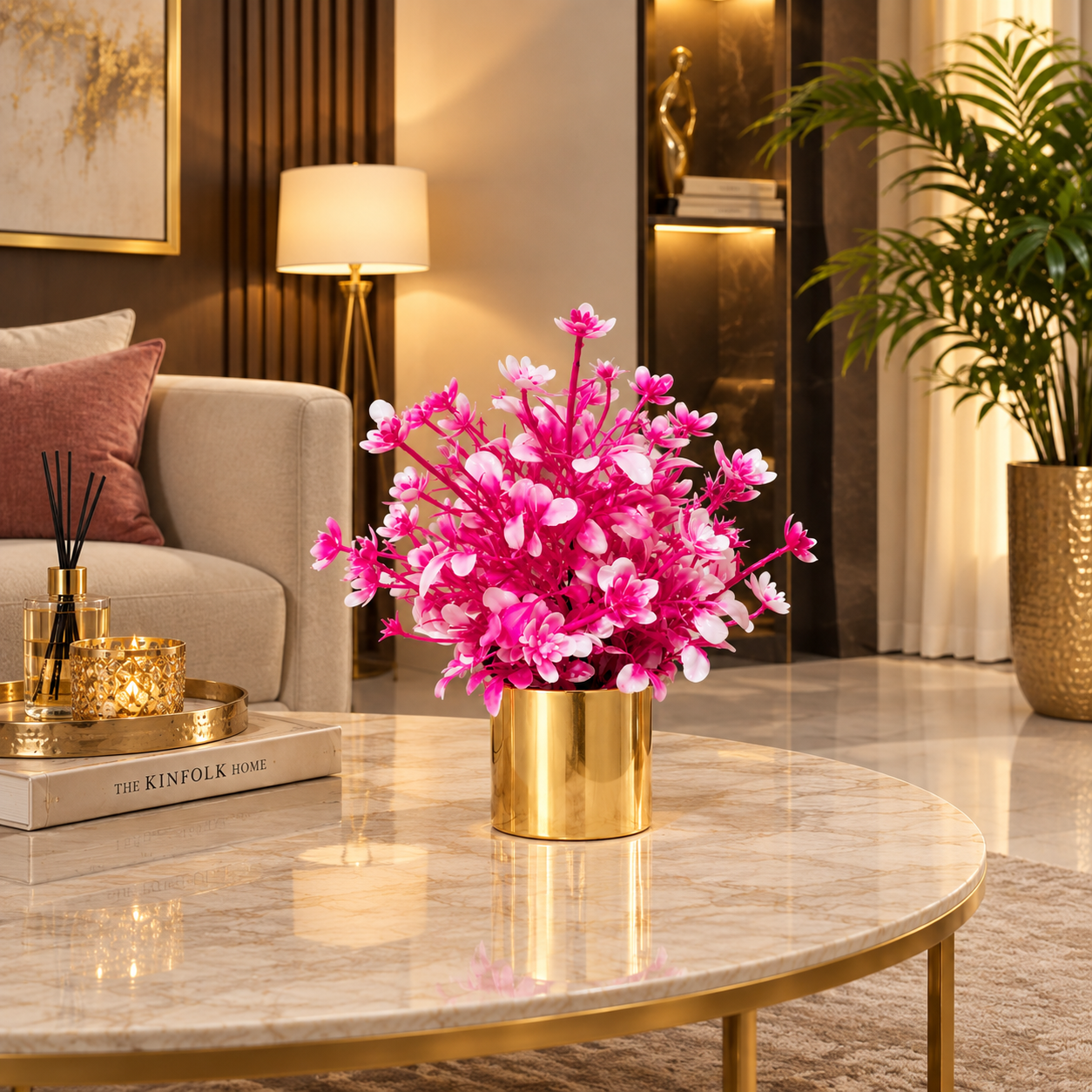 Golden Metallic Pot with artificial Pink Plant