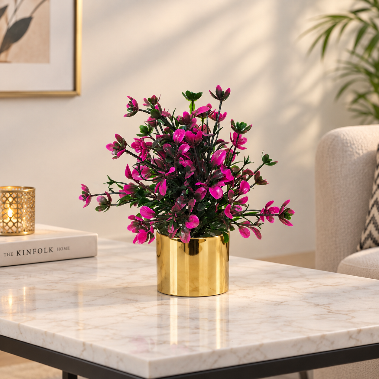 Golden Metallic Pot with artificial Pink Plant