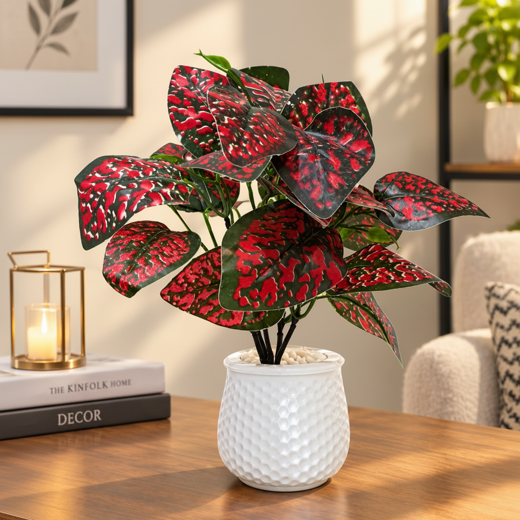 Artificial Red Polka Dots Plant in white textured Plastic Pot
