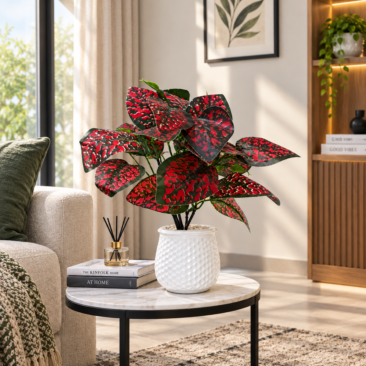 Artificial Red Polka Dots Plant in white textured Plastic Pot