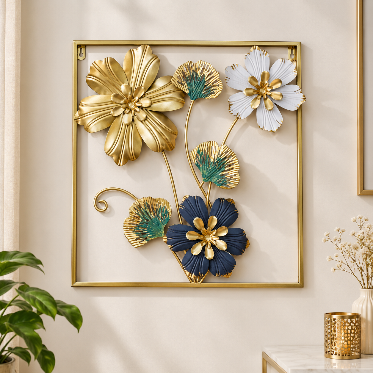 Golden Metallic Square 3d Flowers Wall Décor