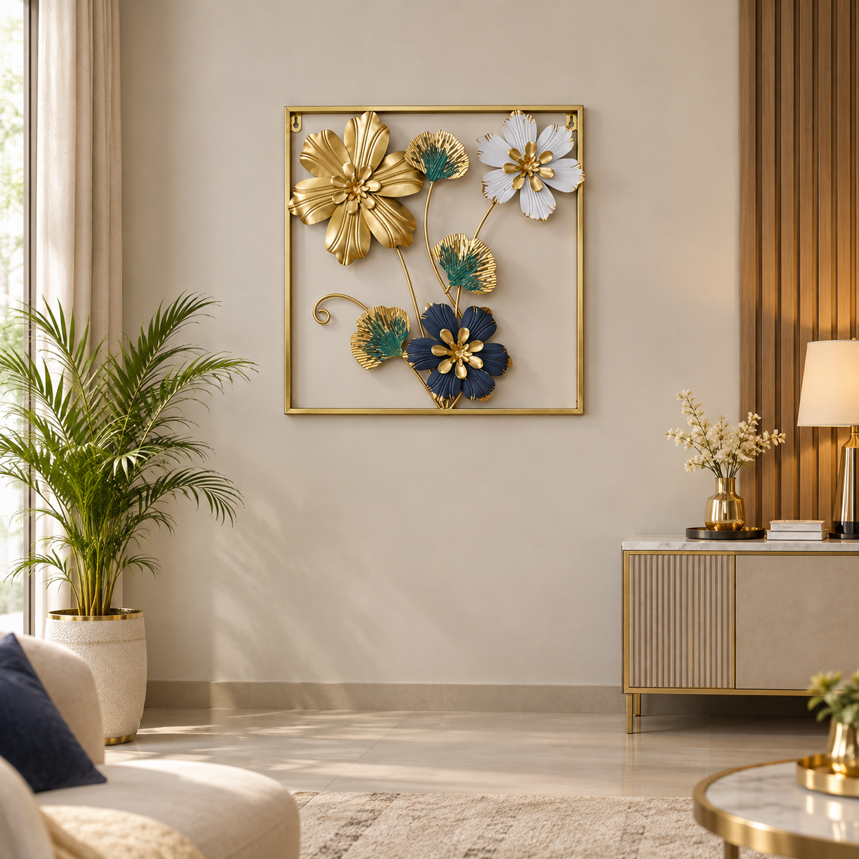 Golden Metallic Square 3d Flowers Wall Décor