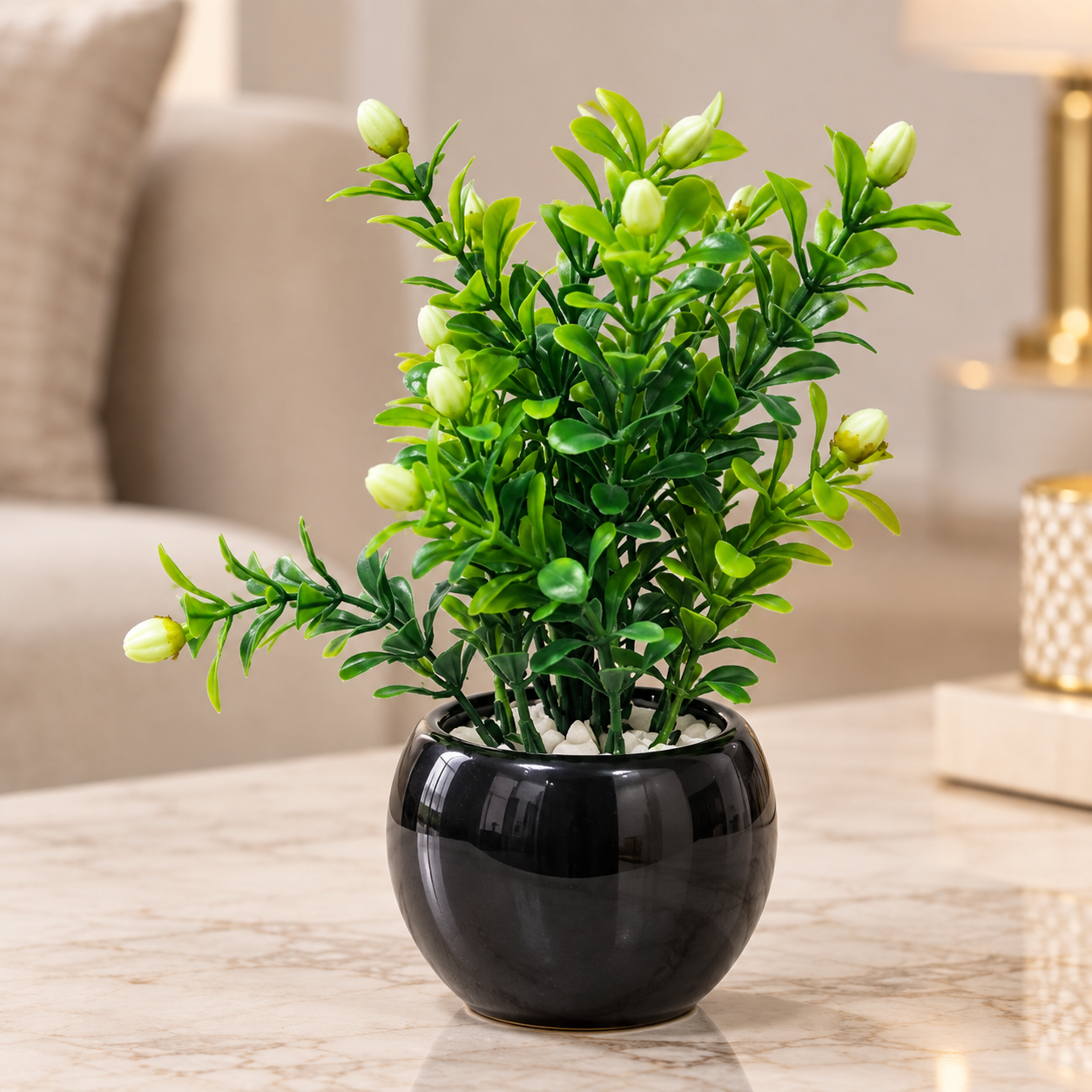 Black Ceramics Pot with artificial Morga(Motia) Flower Buds and Plant
