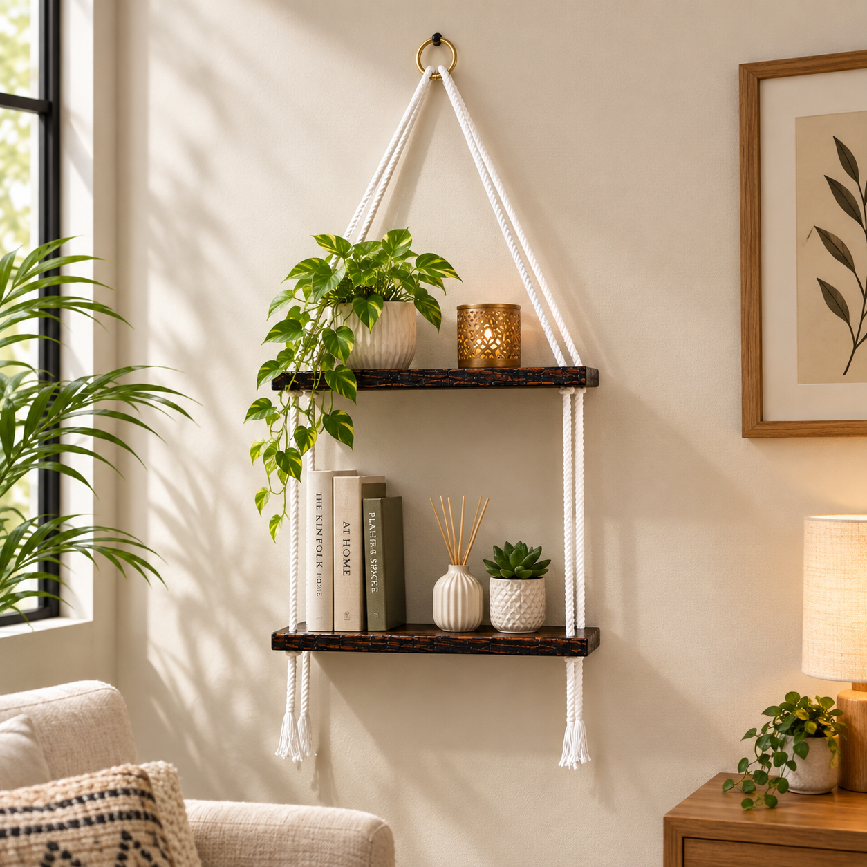 2-Tier Brown Wooden Floating Wall Hanging with White Rope (without décor items)