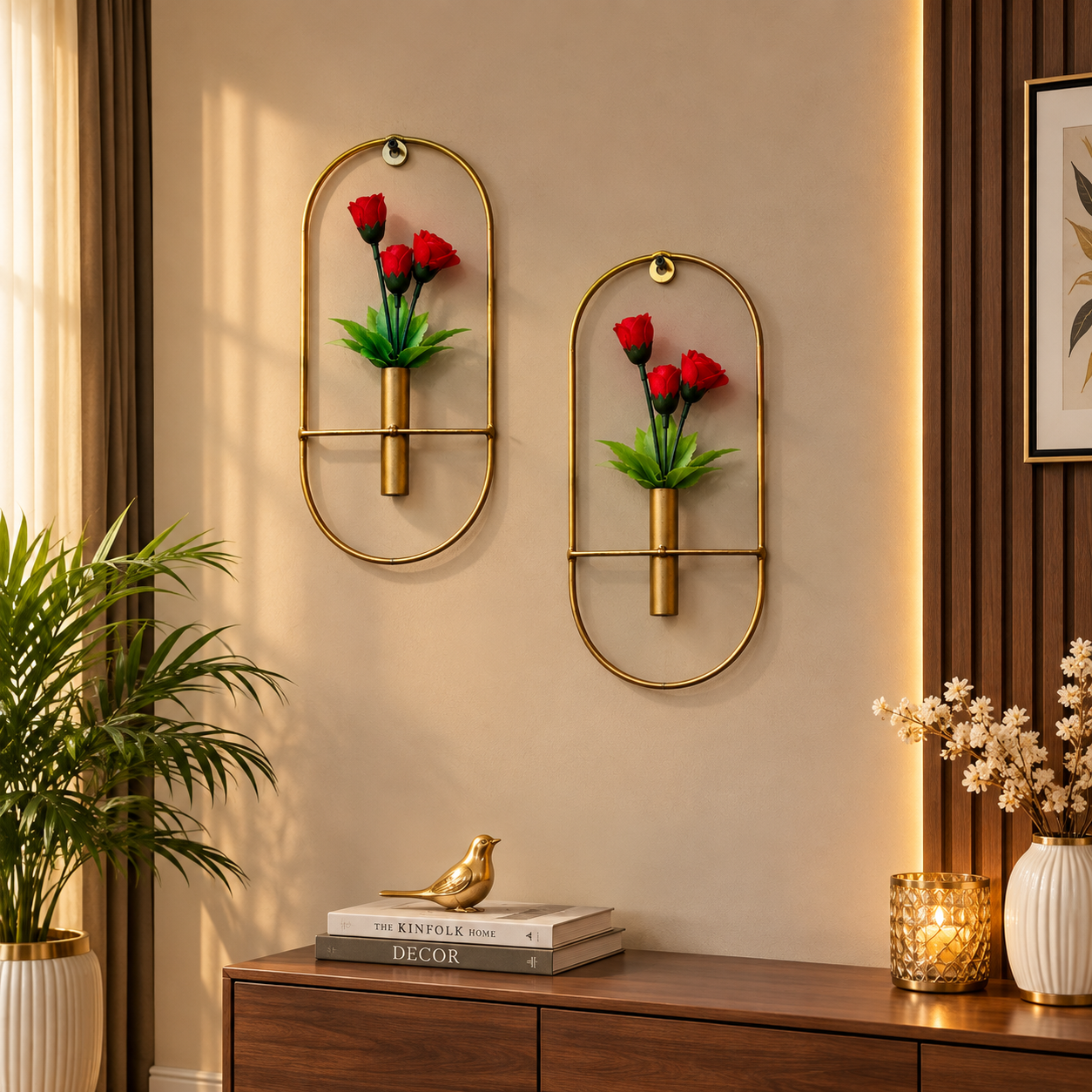 2 Golden Metallic Planters with artificial Red Rosebuds in Oval Shaped Frames