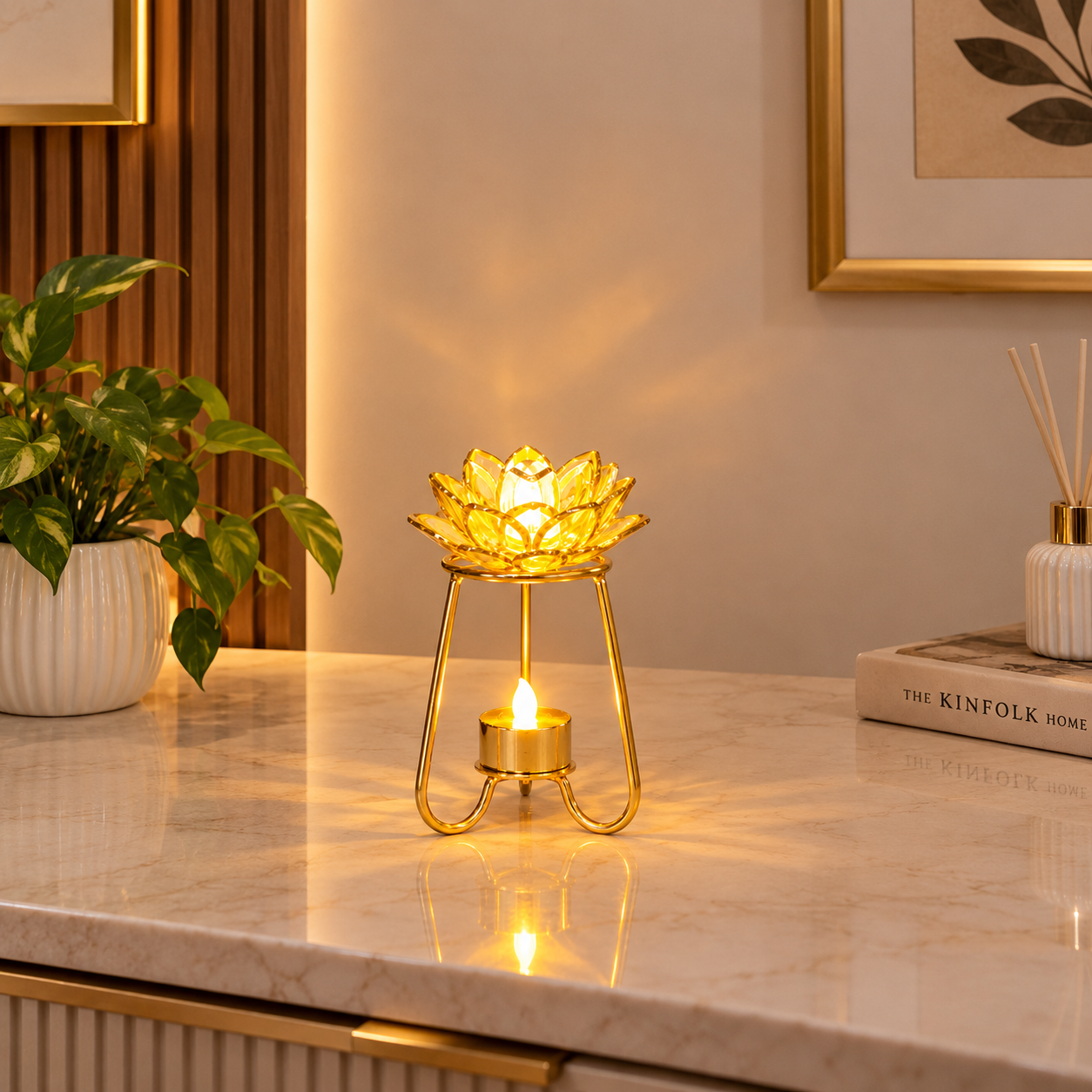 Golden Metallic Stand with 01 Golden LED light at Bottom and 01 Floral LED Light at Top