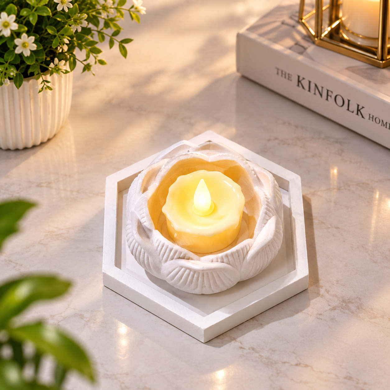 Lotus Flower Shaped mini Candle Holder with LED Candles in Hexagonal Trinket Tray