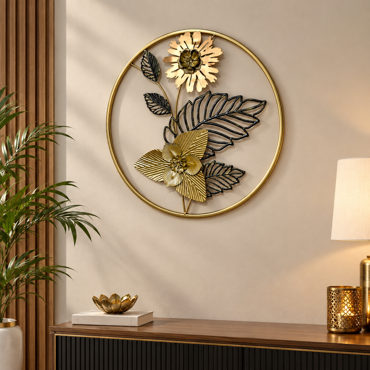 3D Round Golden-Black Metallic Floral Wall Hanging