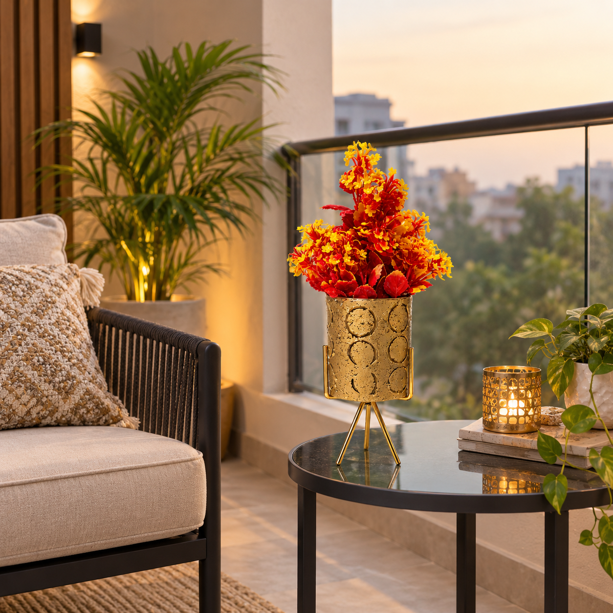 Golden Ceramic Pot with Artificial Red-Yellow Plant on a Golden Metallic Tripod Stand