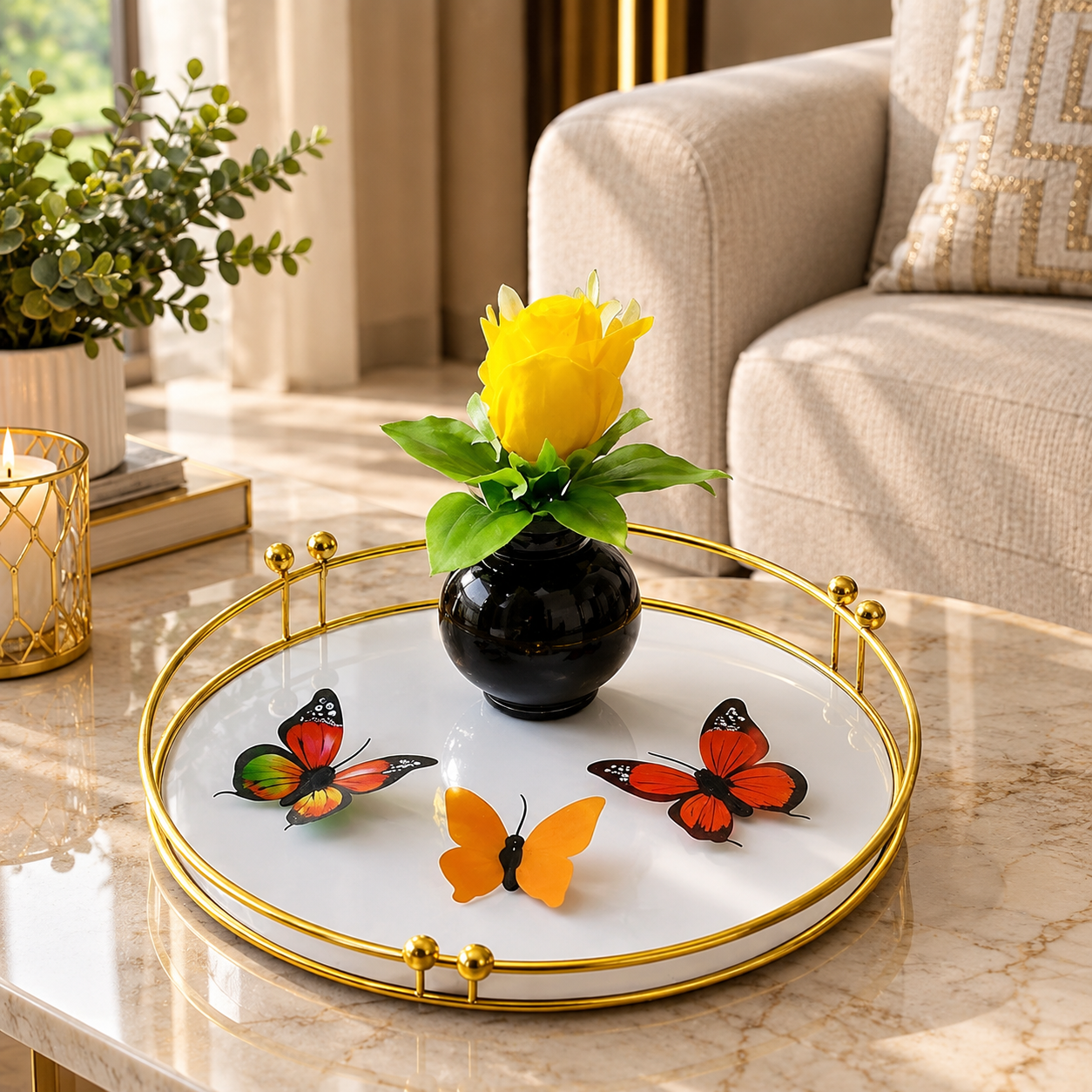 Golden Metallic Round Tray with PVC Platform & Décor Items