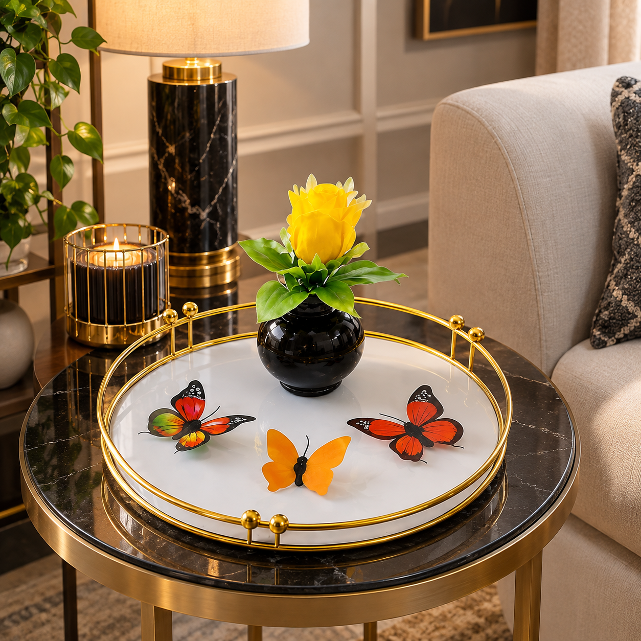 Golden Metallic Round Tray with PVC Platform & Décor Items