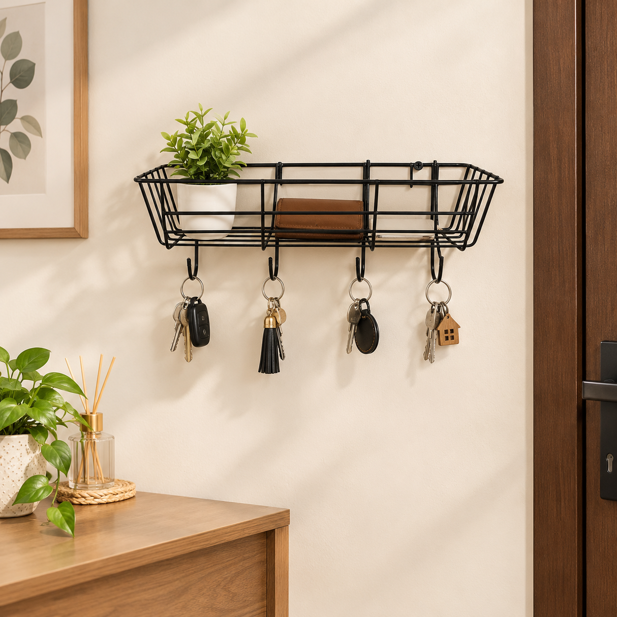 Wall Mounted Basket Shape Key-Holder with 4 Hooks